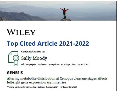 Wiley announcement about Professor, Dr. Sally  Moody's top citied article  